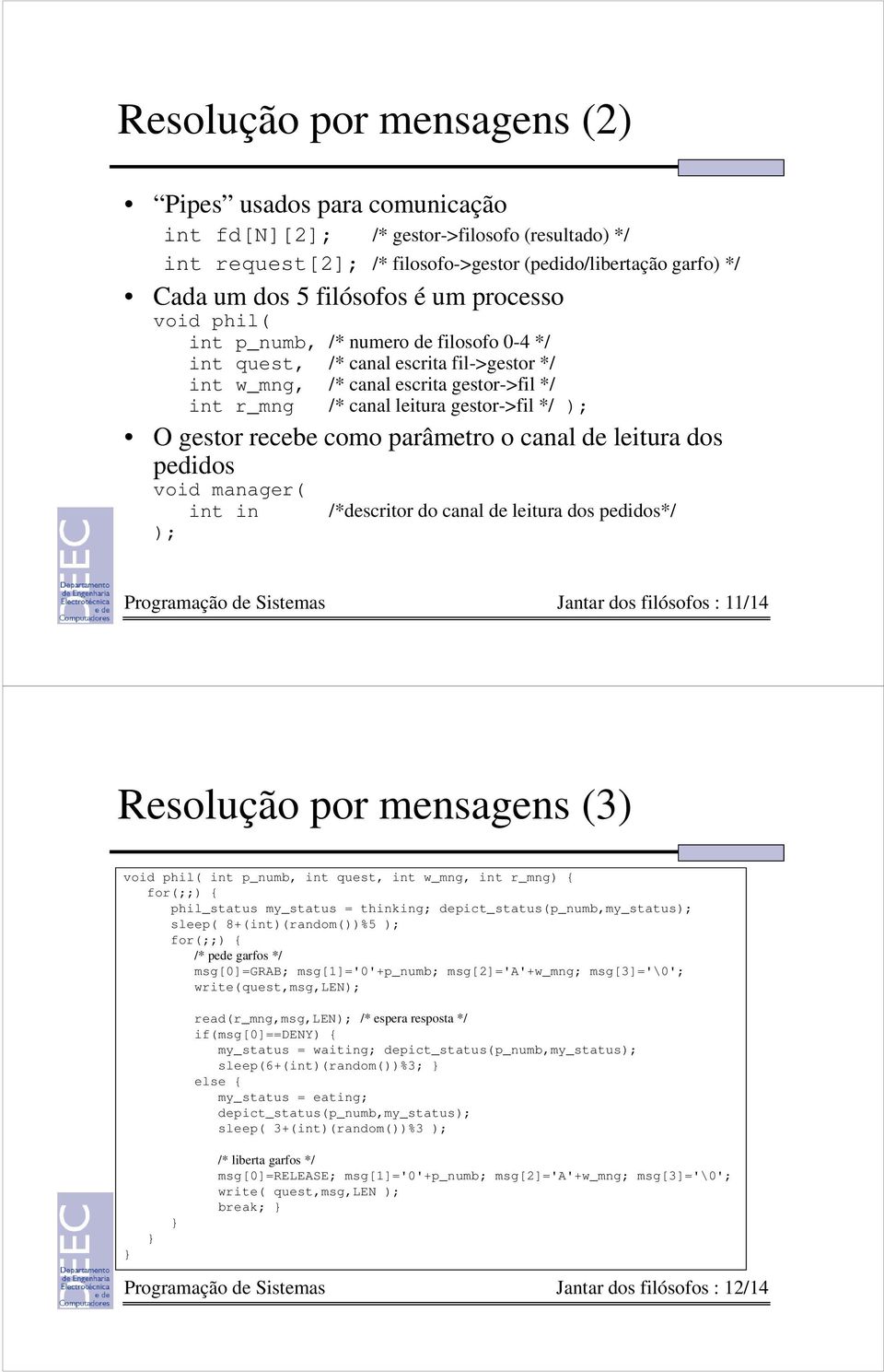 gestor recebe como parâmetro o canal de leitura dos pedidos void manager( int in ); /*descritor do canal de leitura dos pedidos*/ Programação de Sistemas Jantar dos filósofos : 11/14 Resolução por