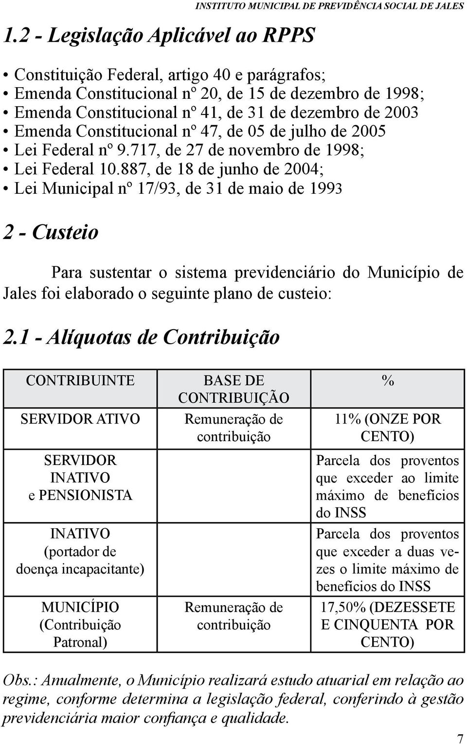 887, de 18 de junho de 2004; Lei Municipal nº 17/93, de 31 de maio de 1993 2 - Custeio Para sustentar o sistema previdenciário do Município de Jales foi elaborado o seguinte plano de custeio: 2.