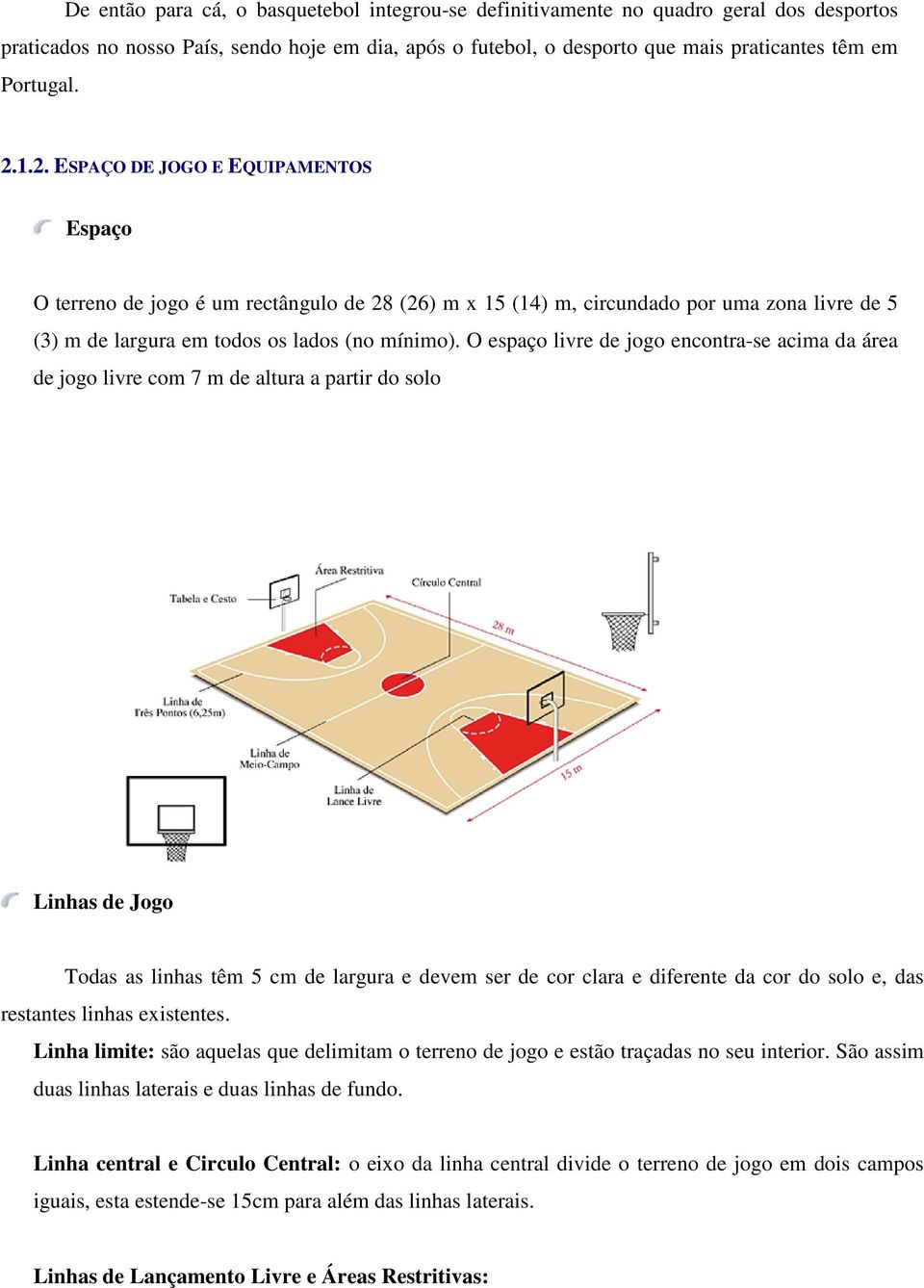 O espaço livre de jogo encontra-se acima da área de jogo livre com 7 m de altura a partir do solo Linhas de Jogo Todas as linhas têm 5 cm de largura e devem ser de cor clara e diferente da cor do