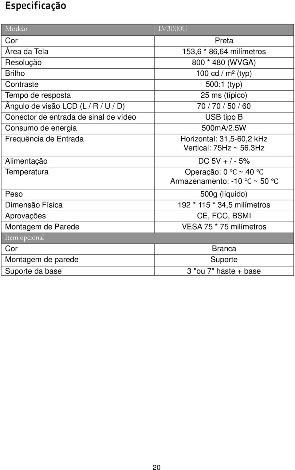 5W Frequência de Entrada Horizontal: 31,5-60,2 khz Vertical: 75Hz ~ 56.