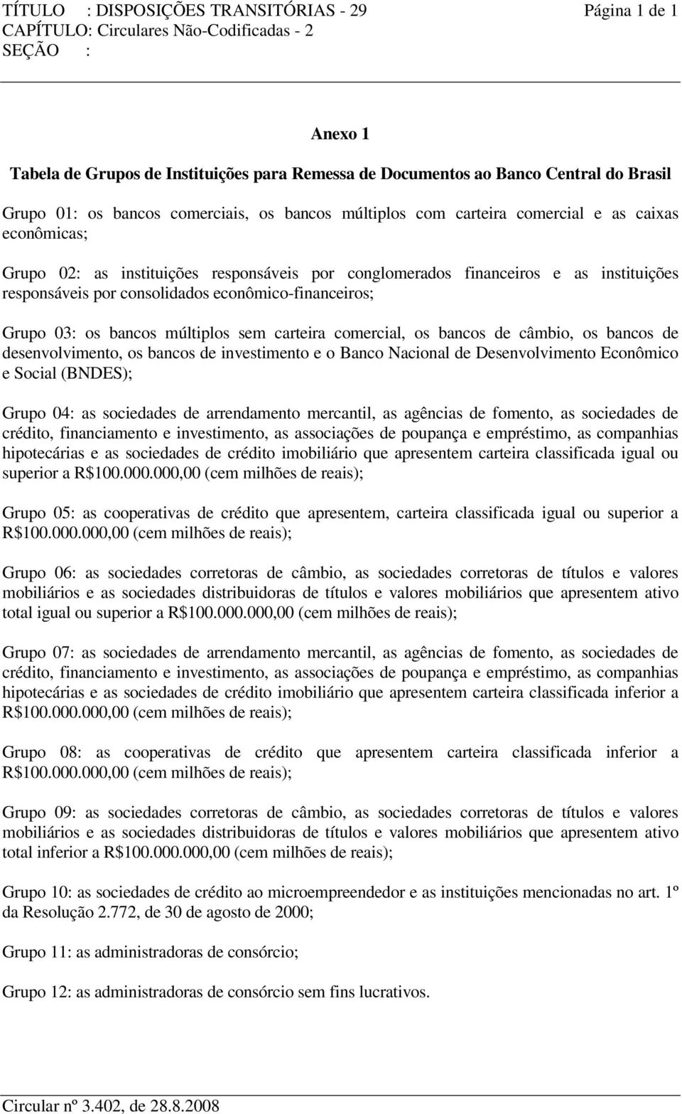 bancos múltiplos sem carteira comercial, os bancos de câmbio, os bancos de desenvolvimento, os bancos de investimento e o Banco Nacional de Desenvolvimento Econômico e Social (BNDES); Grupo 04: as