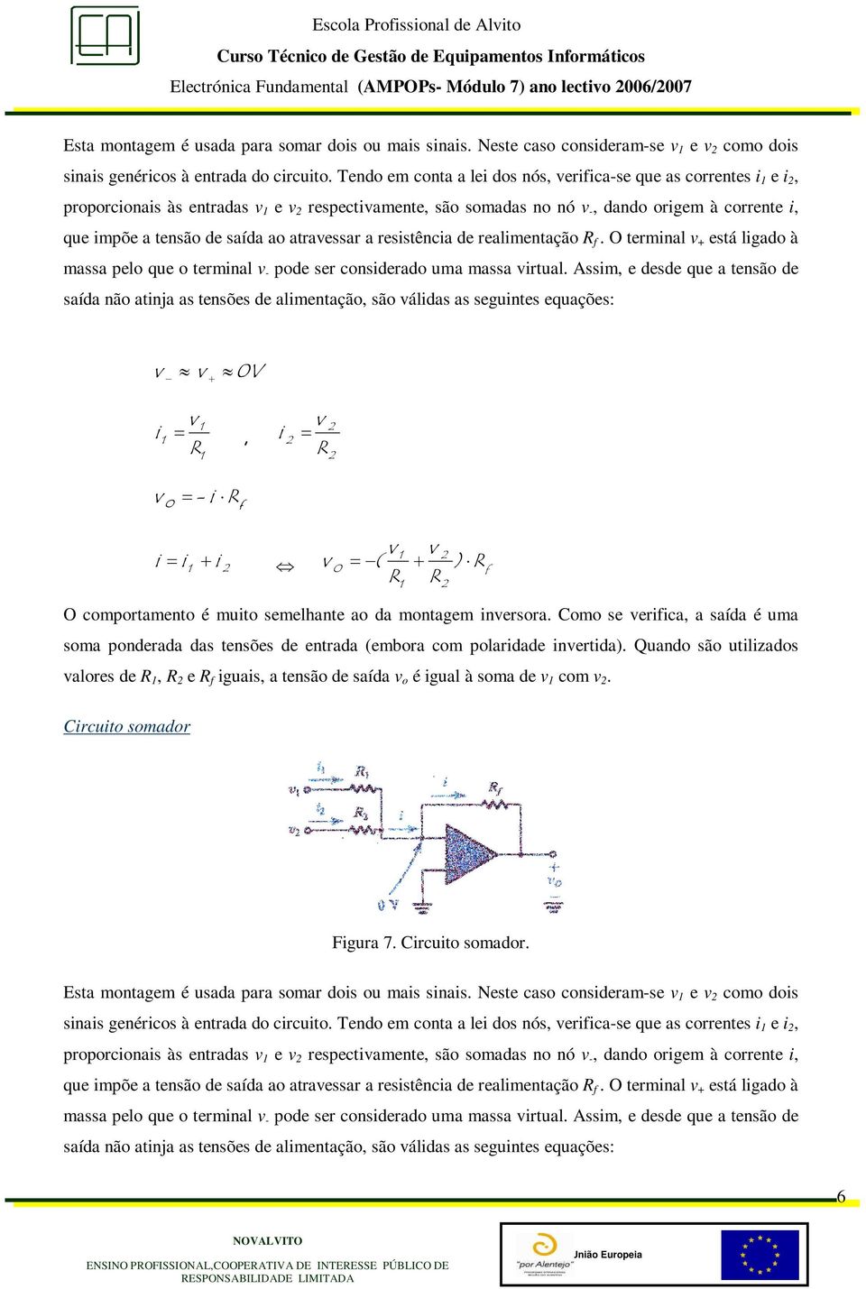 Tendo em conta a le dos nós, erfca-se que as correntes e, proporconas às entradas e respectamente, são somadas no nó -, dando orgem à corrente, que mpõe a tensão de saída ao atraessar a resstênca de