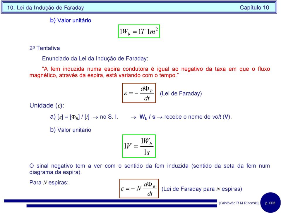 Undade (ε): ε = dφ dt (Le de Faraday) a) [ε] = [Φ ] / [t] no S. I. W b / s recebe o nome de volt (V).