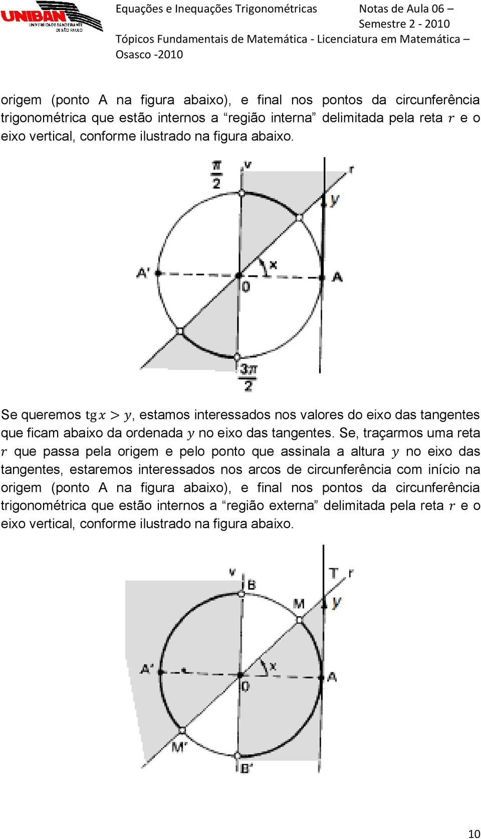 Se, traçarmos uma reta que passa pela origem e pelo ponto que assinala a altura no eixo das tangentes, estaremos interessados nos arcos de circunferência com início na