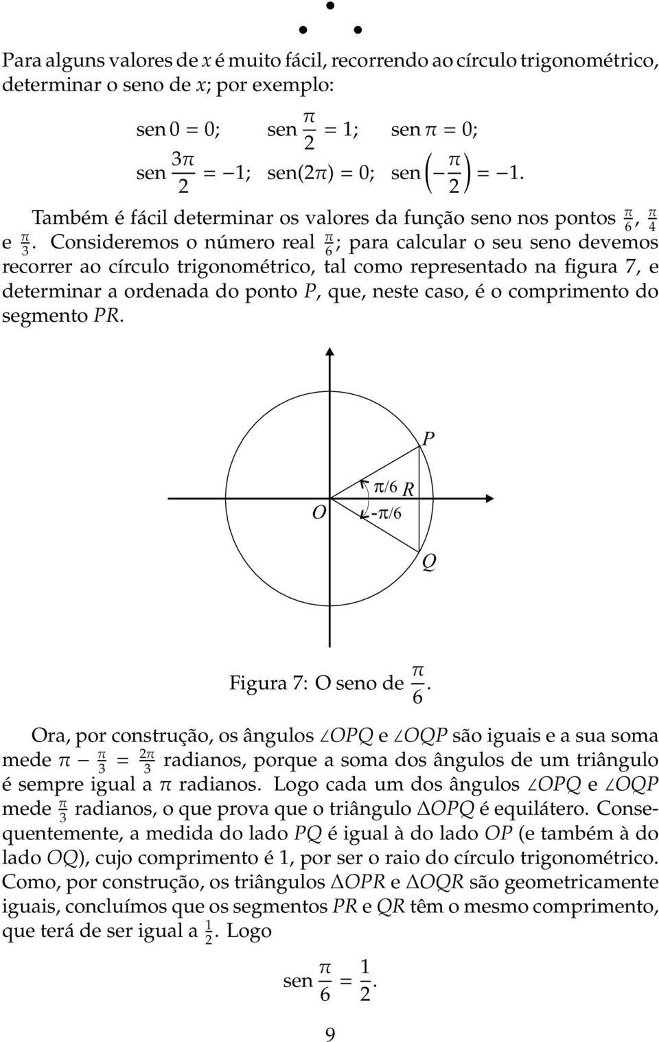 Consideremos o número real π ; para calcular o seu seno devemos 3 6 recorrer ao círculo trigonométrico, tal como representado na figura 7, e determinar a ordenada do ponto P, que, neste caso, é o