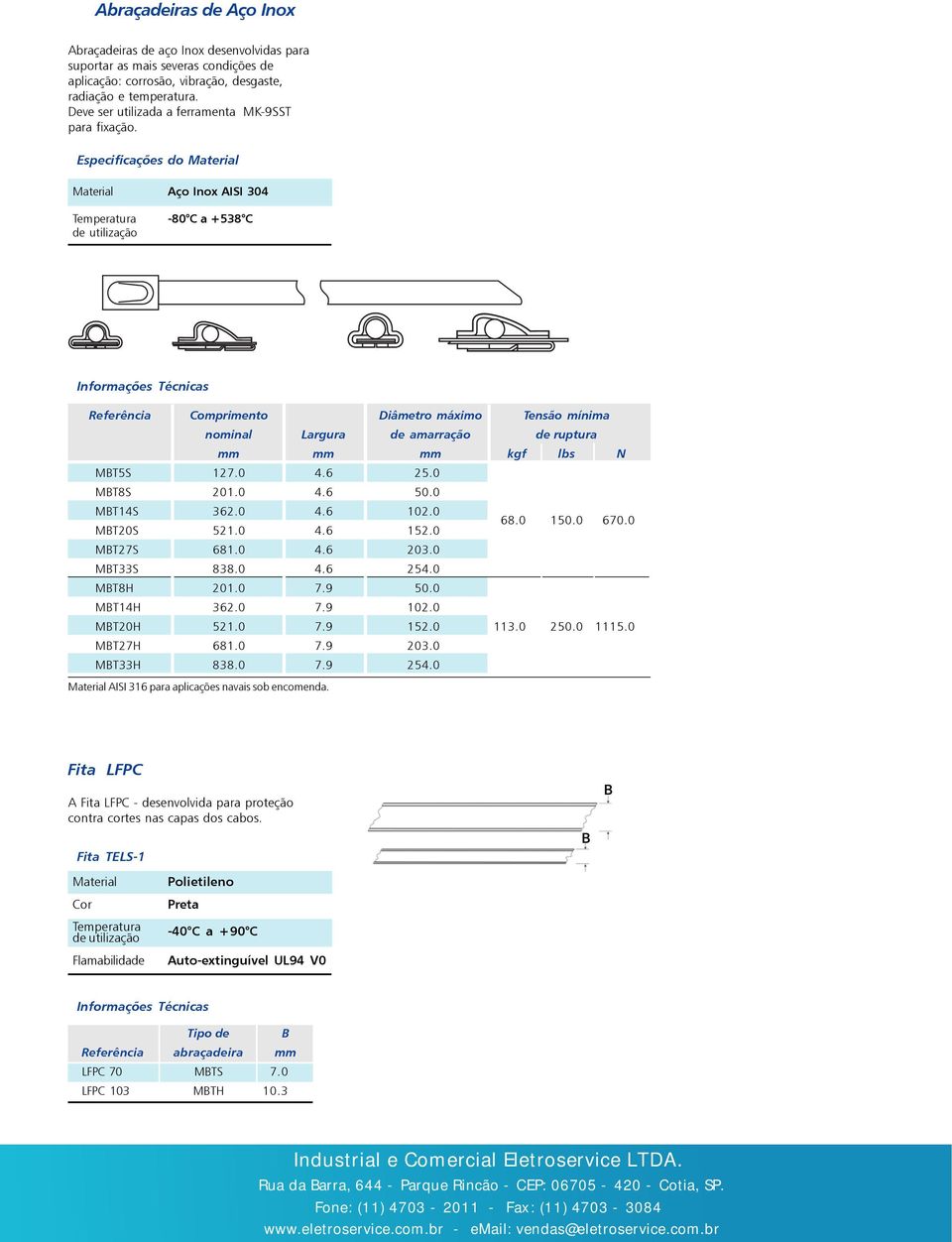 Material Aço Inox AISI 304-80 C a +538 C Referência Comprimento Diâmetro máximo Tensão mínima nominal Largura de amarração de ruptura mm mm mm kgf lbs N MBT5S 127.0 4.6 25.0 MBT8S 201.0 4.6 50.