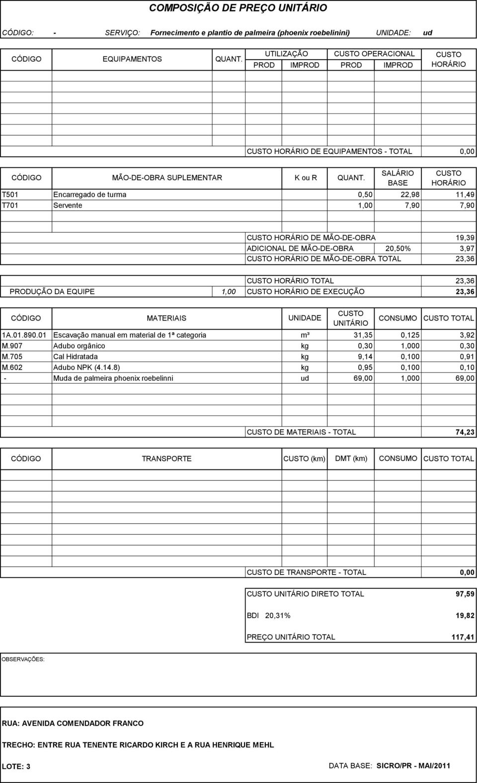 0,50 22,98 11,49 1,00 7,90 7,90 DE MÃO-DE-OBRA 19,39 ADICIONAL DE MÃO-DE-OBRA 20,50% 3,97 DE MÃO-DE-OBRA 23,36 23,36 1,00 DE EXECUÇÃO 23,36 1A.01.890.