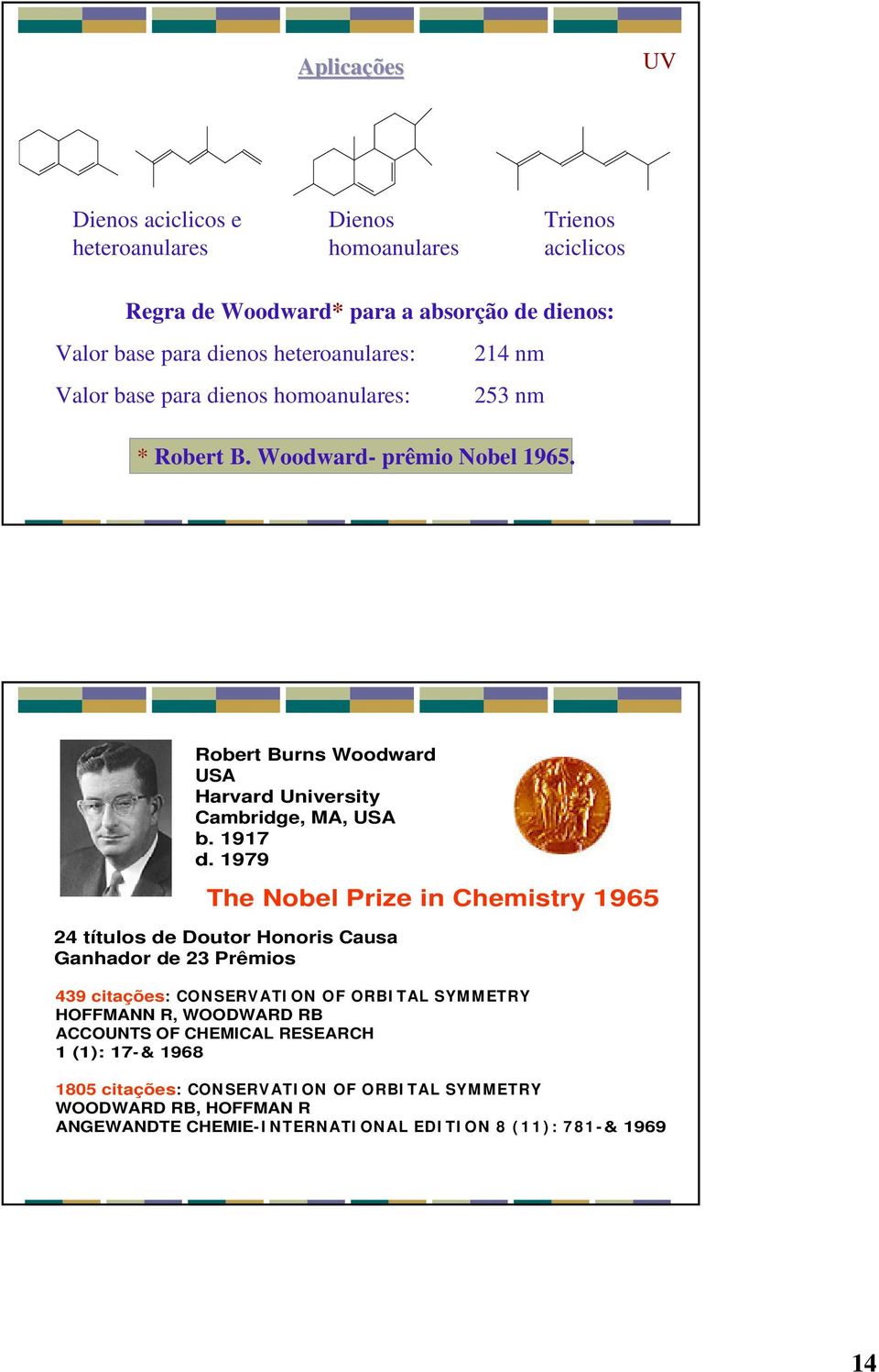 1979 The Nobel Prize in Chemistry 1965 24 títulos de Doutor Honoris Causa Ganhador de 23 Prêmios 439 citações: CON SERVATI ON OF ORBI TAL SYMMETRY HOFFMANN R, WOODWARD RB