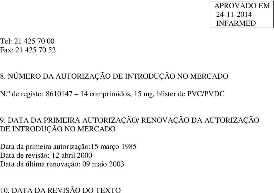 DATA DA PRIMEIRA AUTORIZAÇÃO/ RENOVAÇÃO DA AUTORIZAÇÃO DE INTRODUÇÃO NO MERCADO Data da