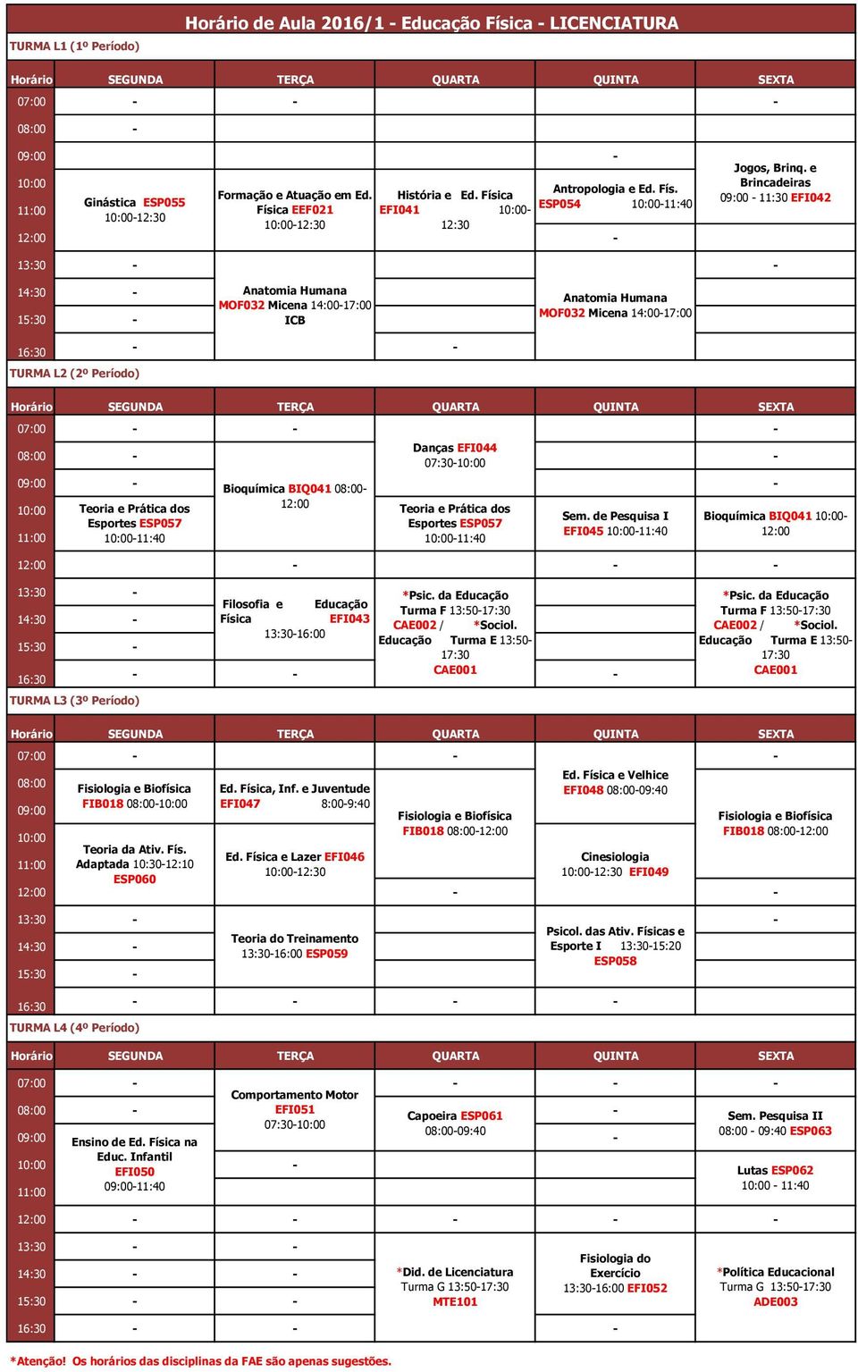 e Brincadeiras - 11:30 EFI042 13:30 14:30 15:30 MOF032 Micena 14:00-17:00 ICB MOF032 Micena 14:00-17:00 TURMA L2 (2º Período) 07:00 Danças EFI044 07:30- Bioquímica BIQ041 - Teoria e Prática dos