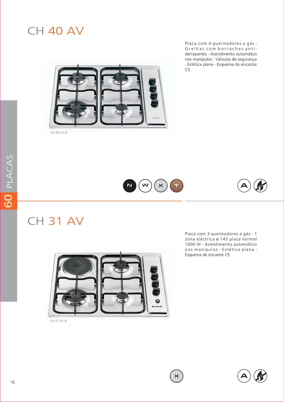 AV X 60 PLACAS N W X T CH 31 AV Placa com 3 queimadores a gás - 1 zona eléctrica ø 145 placa