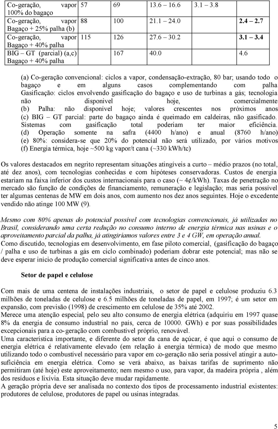 6 (a) Co-geração convencional: ciclos a vapor, condensação-extração, 80 bar; usando todo o bagaço e em alguns casos complementando com palha Gasificação: ciclos envolvendo gasificação do bagaço e uso