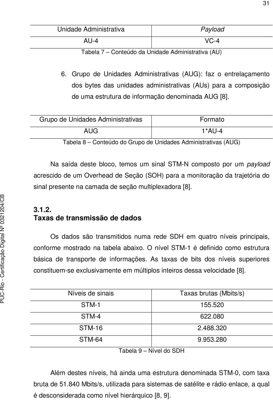 Grupo de Unidades Administrativas Formato AUG 1*AU-4 Tabela 8 Conteúdo do Grupo de Unidades Administrativas (AUG) Na saída deste bloco, temos um sinal STM-N composto por um payload acrescido de um