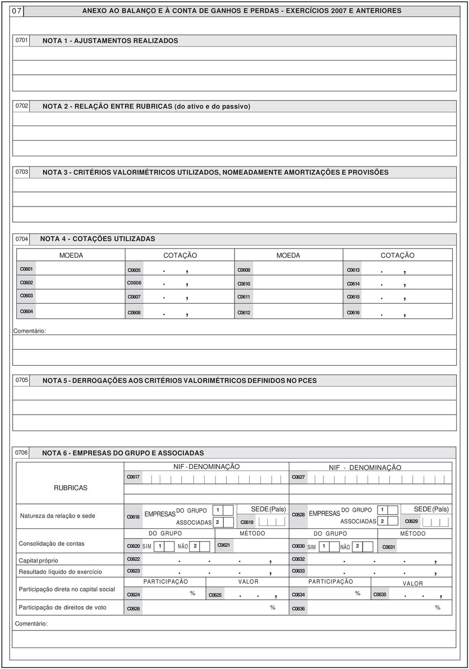 C0611 C0612 C0613 C0614 C0615 C0616 Comentário: 0705 NOTA 5 - DERROGAÇÕES AOS CRITÉRIOS VALORIMÉTRICOS DEFINIDOS NO PCES 0706 NOTA 6 - EMPRESAS DO GRUPO E ASSOCIADAS C0617 NIF - DENOMINAÇÃO C0627 NIF