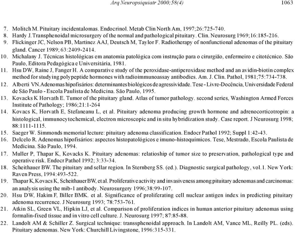 Radiotherapy of nonfunctional adenomas of the pituitary gland. Cancer 1989; 63:2409-2414. 10. Michalany J.