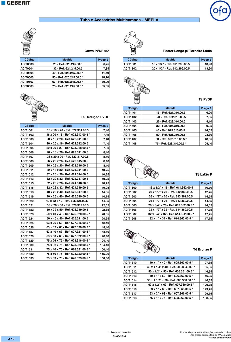 T1401 16 - Ref. 621.310.00.5 6,90 Tê Redução PVDF AC.T1402 20 - Ref. 622.310.00.5 7,05 AC.T1403 26 - Ref. 623.310.00.5 8,10 AC.T1404 32 - Ref. 624.310.00.5 9,95 AC.T1501 16 x 16 x 20 - Ref. 622.314.