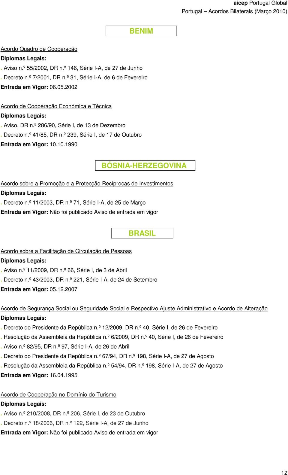 10.1990 BÓSNIA-HERZEGOVINA Acordo sobre a Promoção e a Protecção Recíprocas de Investimentos. Decreto n.º 11/2003, DR n.