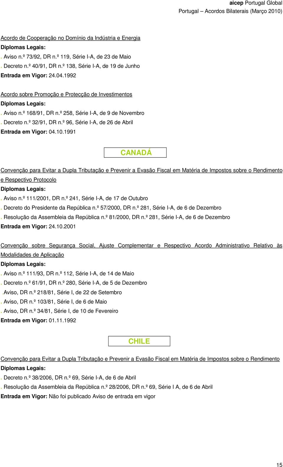 1991 CANADÁ e Respectivo Protocolo. Aviso n.º 111/2001, DR n.º 241, Série I-A, de 17 de Outubro. Decreto do Presidente da República n.º 57/2000, DR n.º 281, Série I-A, de 6 de Dezembro.