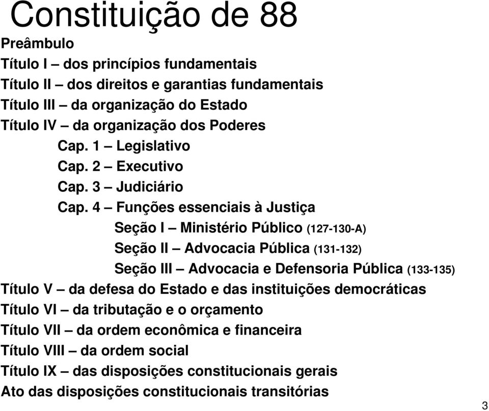 4 Funções essenciais à Justiça Seção I Ministério Público (127-130-A) Seção II Advocacia Pública (131-132) Seção III Advocacia e Defensoria Pública (133-135) Título V