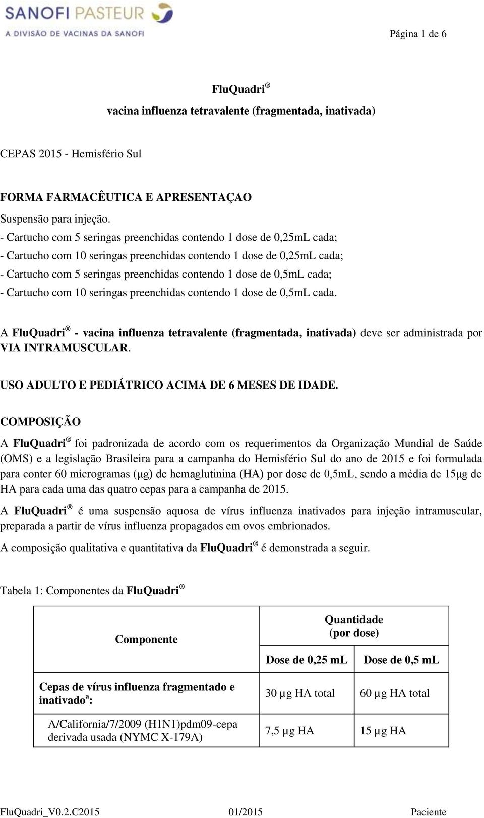 0,5mL cada; - Cartucho com 10 seringas preenchidas contendo 1 dose de 0,5mL cada. A FluQuadri - vacina influenza tetravalente (fragmentada, inativada) deve ser administrada por VIA INTRAMUSCULAR.