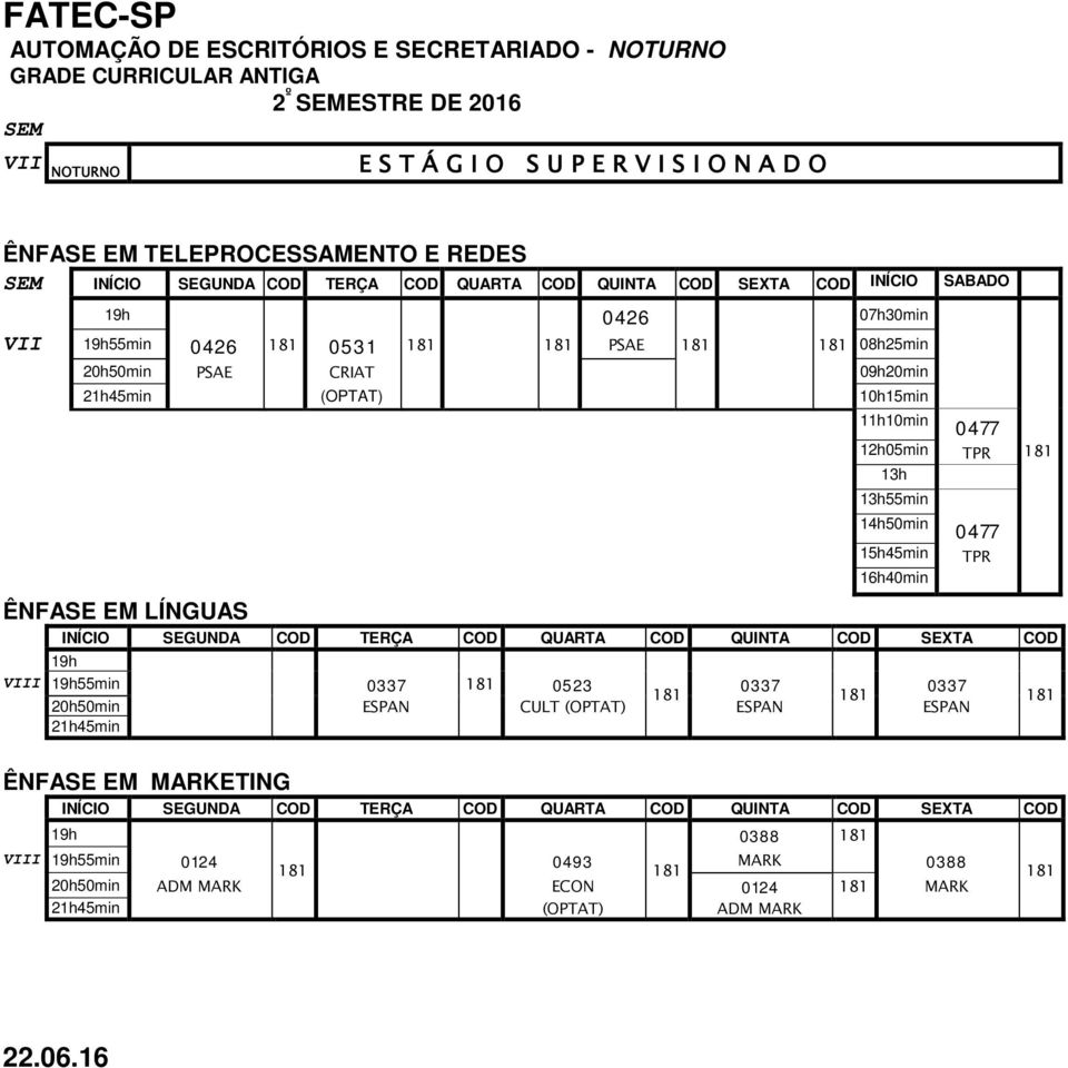 15h45min TPR 16h40min ÊNFASE EM LÍNGUAS INÍCIO SEGUNDA COD TERÇA COD QUARTA COD QUINTA COD SEXTA COD VIII 55min 0337 0523 0337 0337 20h50min ESPAN CULT (OPTAT) ESPAN ESPAN