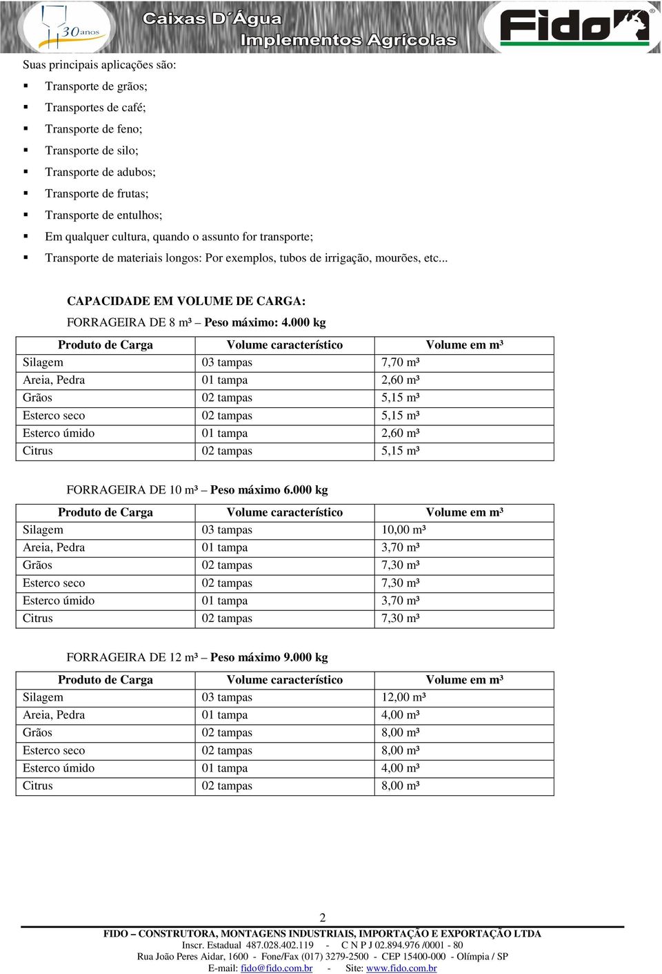 000 kg Silagem 03 tampas 7,70 m³ Areia, Pedra 01 tampa 2,60 m³ Grãos 02 tampas 5,15 m³ Esterco seco 02 tampas 5,15 m³ Esterco úmido 01 tampa 2,60 m³ Citrus 02 tampas 5,15 m³ FORRAGEIRA DE 10 m³ Peso