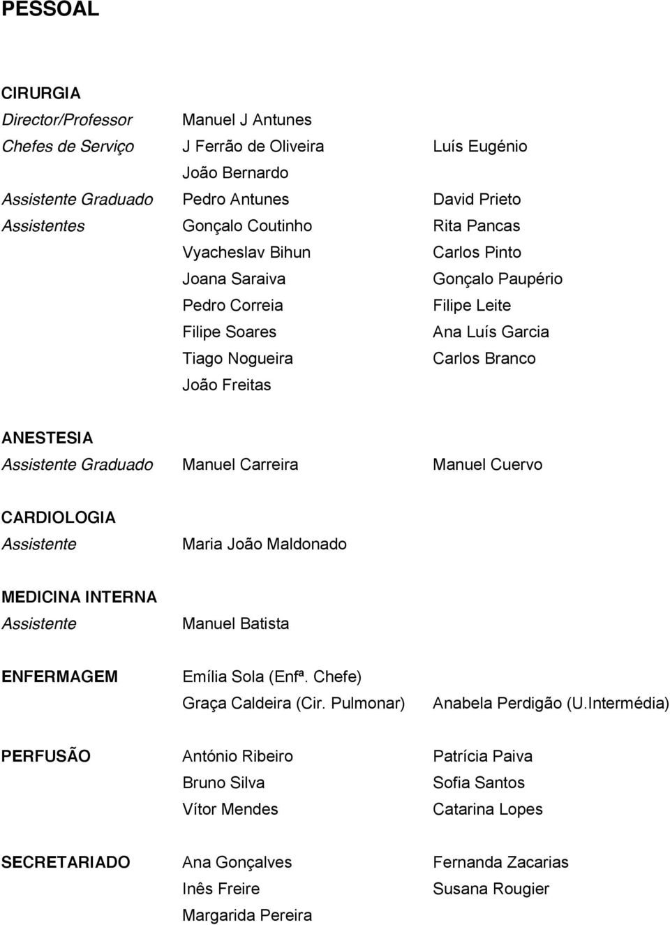 Manuel Carreira Manuel Cuervo CARDIOLOGIA Assistente Maria João Maldonado MEDICINA INTERNA Assistente Manuel Batista ENFERMAGEM Emília Sola (Enfª. Chefe) Graça Caldeira (Cir.