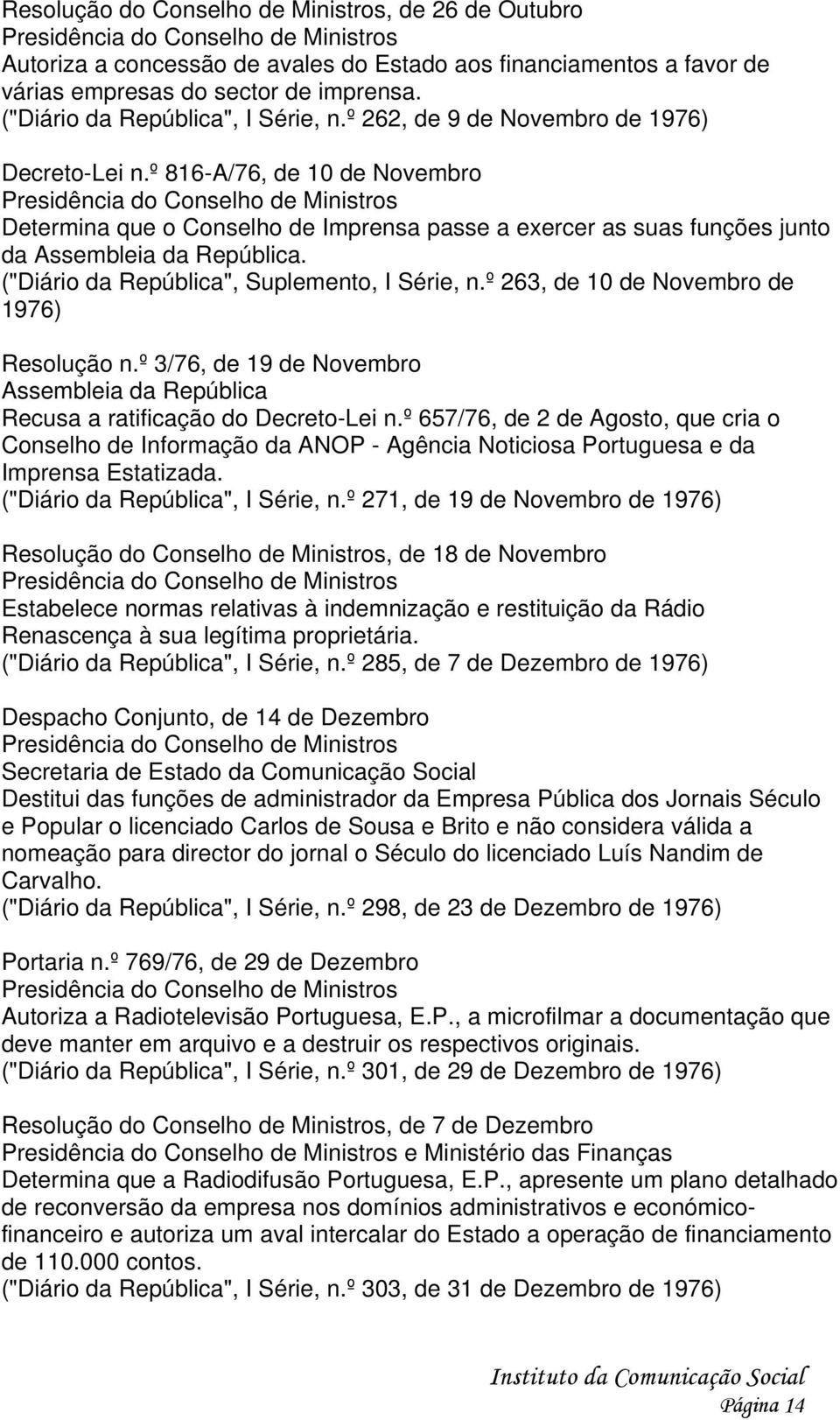 ("Diário da República", Suplemento, I Série, n.º 263, de 10 de Novembro de 1976) Resolução n.º 3/76, de 19 de Novembro Recusa a ratificação do Decreto-Lei n.