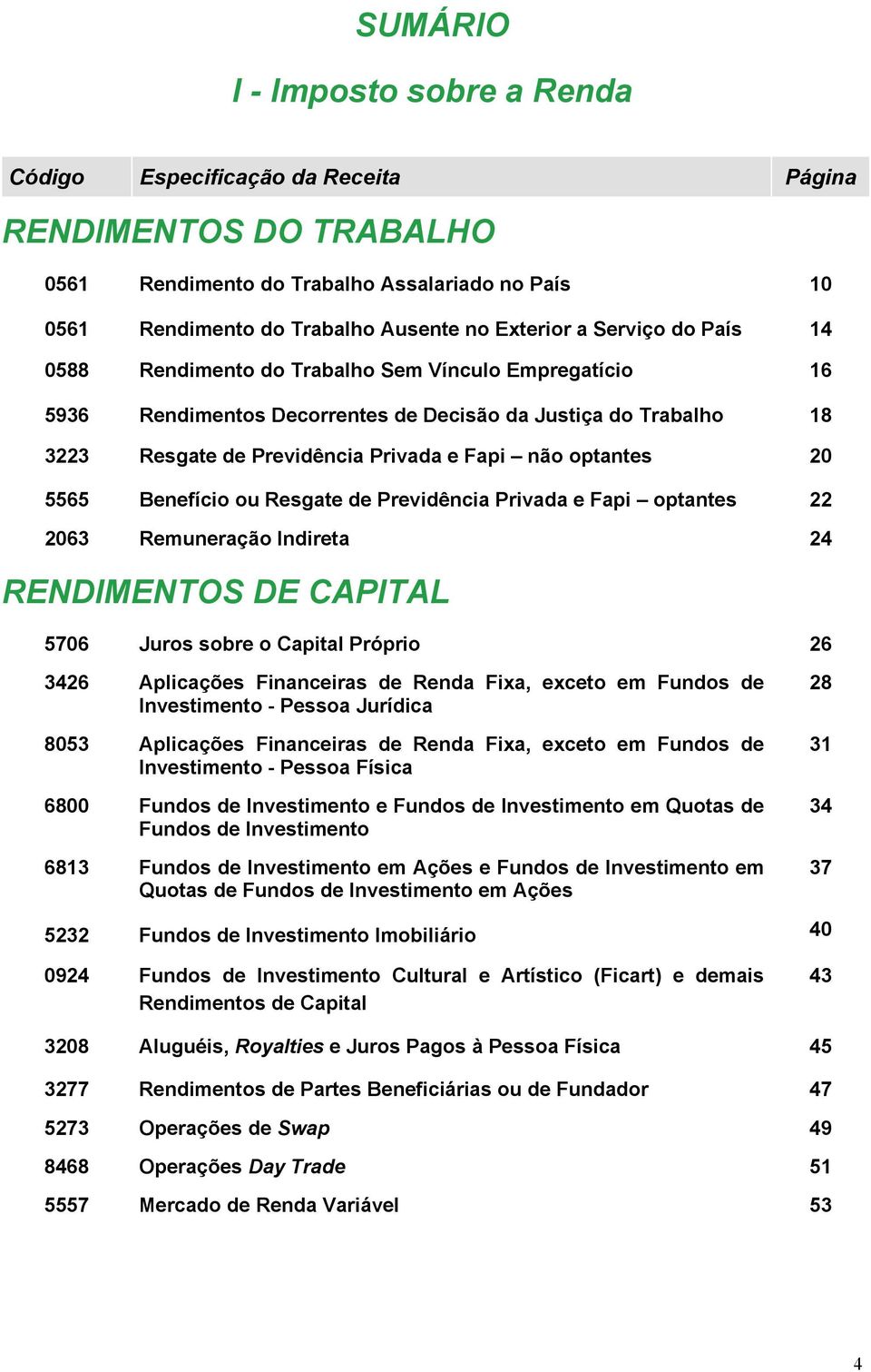 5565 Benefício ou Resgate de Previdência Privada e Fapi optantes 22 2063 Remuneração Indireta 24 RENDIMENTOS DE CAPITAL 5706 Juros sobre o Capital Próprio 26 3426 Aplicações Financeiras de Renda