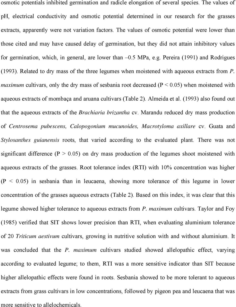 The values of osmotic potential were lower than those cited and may have caused delay of germination, but they did not attain inhibitory values for germination, which, in general, are lower than 0.