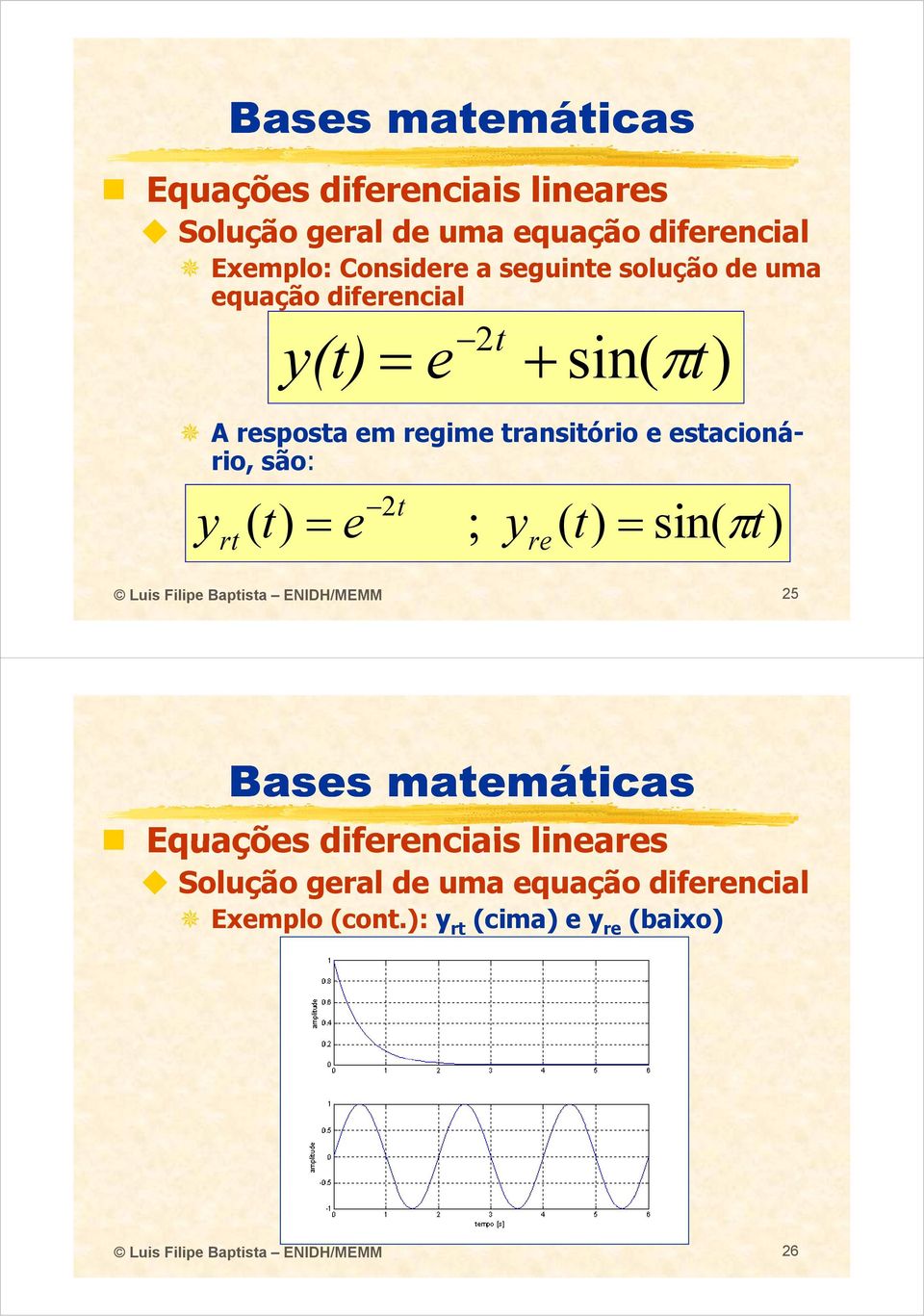 y rt t ( t ) e ; y re ( t ) si( πt ) Luis Filipe Baptista ENIDH/MEMM 5 Bases matemáticas Equações difereciais