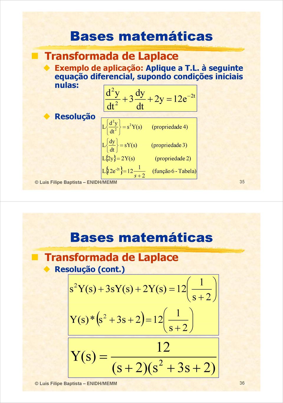 à seguite equação diferecial, supodo codições iiciais ulas: Resolução d y dy + 3 + y e dt dt d d y L s Y(s) dt dy L sy(s) dt