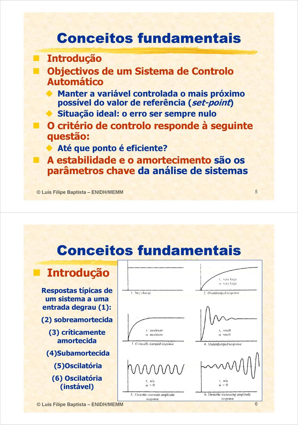 A estabilidade e o amortecimeto são os parâmetros chave da aálise de sistemas Luis Filipe Baptista ENIDH/MEMM 5 Coceitos fudametais Itrodução Respostas