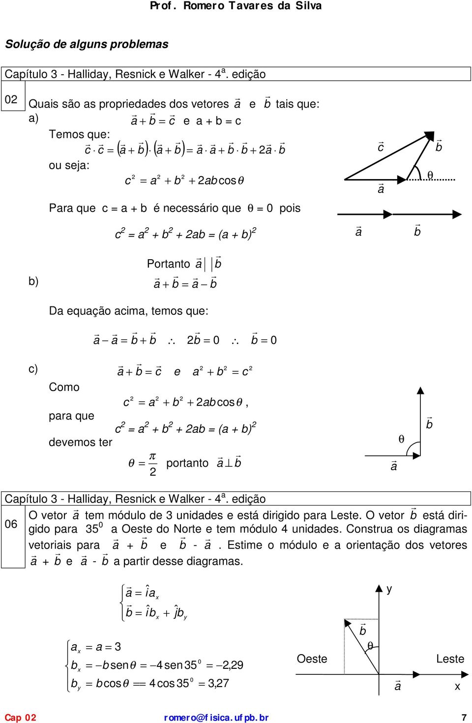 0 ) e Como os, pr que ( ) devemos ter π portnto Cpítulo 3 - Hlld, Resn e Wler - 4. edção 06 O vetor tem módulo de 3 unddes e está drgdo pr Leste.