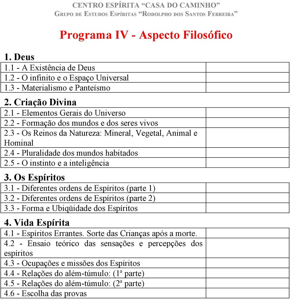 5 - O instinto e a inteligência 3. Os Espíritos 3.1 - Diferentes ordens de Espíritos (parte 1) 3.2 - Diferentes ordens de Espíritos (parte 2) 3.3 - Forma e Ubiqüidade dos Espíritos 4. Vida Espírita 4.