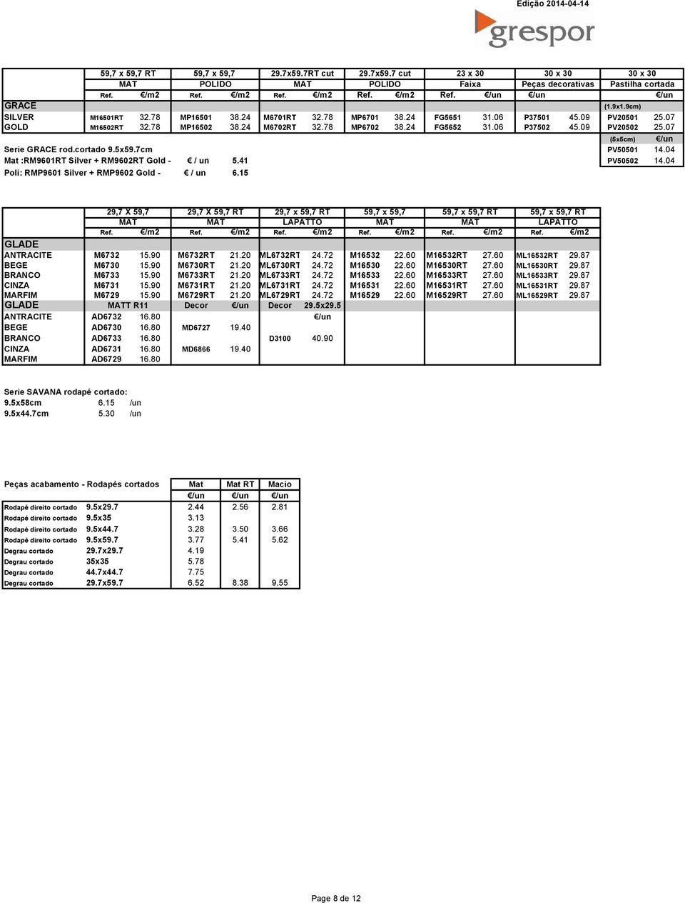 09 PV20502 25.07 (5x5cm) Serie GRACE rod.cortado 9.5x59.7cm PV50501 14.04 Mat :RM9601RT Silver + RM9602RT Gold - / un 5.41 PV50502 14.04 Poli: RMP9601 Silver + RMP9602 Gold - / un 6.