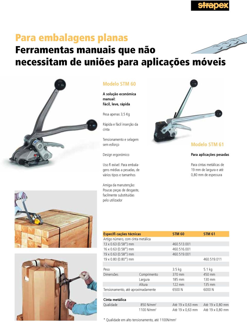 de 19 mm de largura e até 0,80 mm de espessura Amiga da manutenção: Poucas peças de desgaste, facilmente substituídas pelo utilizador Especifi cações técnicas STM 60 STM 61 13 x 0.63 (0.58*) mm 460.