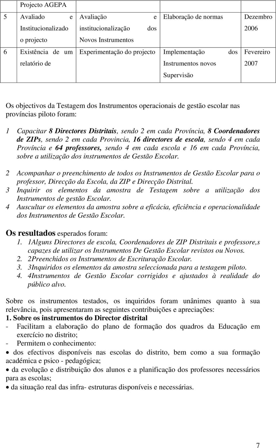 Directores Distritais, sendo 2 em cada Província, 8 Coordenadores de ZIPs, sendo 2 em cada Provincia, 16 directores de escola, sendo 4 em cada Província e 64 professores, sendo 4 em cada escola e 16