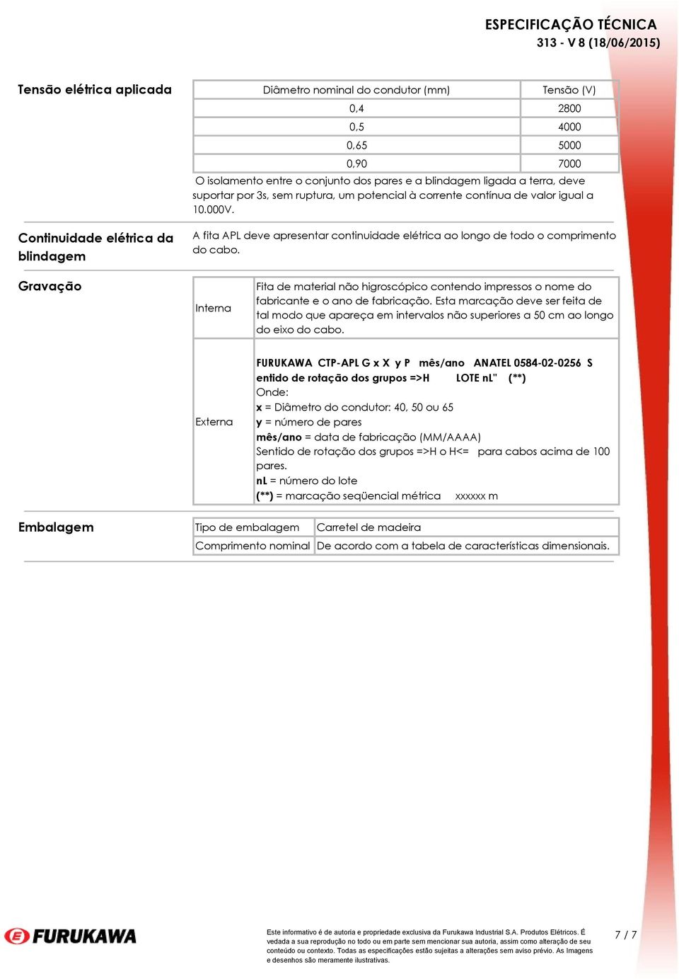 Gravação Interna Fita de material não higroscópico contendo impressos o nome do fabricante e o ano de fabricação.