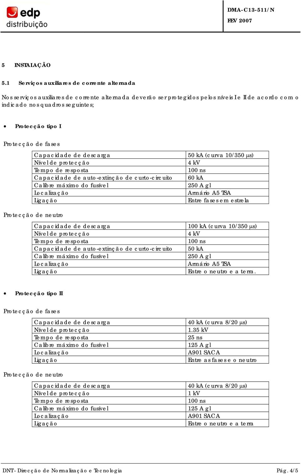 seguintes; Protecção tipo I Protecção de fases Capacidade de auto-extinção de curto-circuito 50 ka (curva 10/350 μs) 4 kv 60 ka 250 A gl Armário A5 TSA Entre fases em estrela