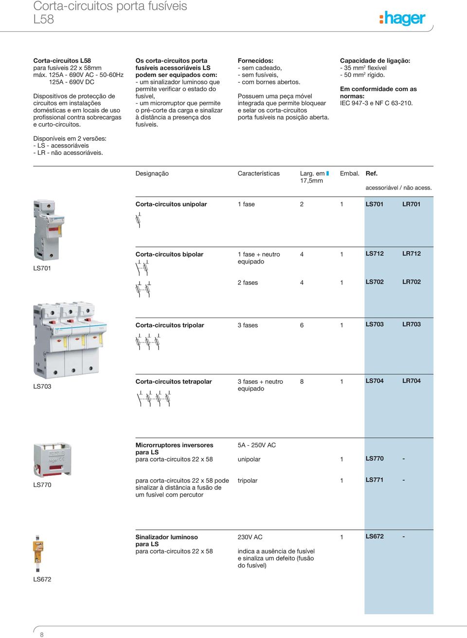 Os corta-circuitos porta fusíveis acessoriáveis LS podem ser equipados com: - um sinalizador luminoso que permite verificar o estado do fusível, - um microrruptor que permite o pré-corte da carga e