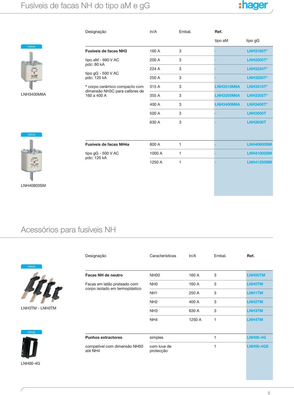 NHC para calibres de 60 a 400 5 55 LNH5M6 LNH55M6 LNH5T* LNH55T* 400 LNH400M6 LNH400T* 500 60 - LNH500T - LNH60T novo Fusíveis de facas NH4a 800 - LNH40800SM tipo gg - 500 V C pdc: 20 k 00 - LNH400SM