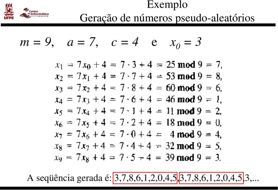 c = 4 e x 0 = 3 A seqüência