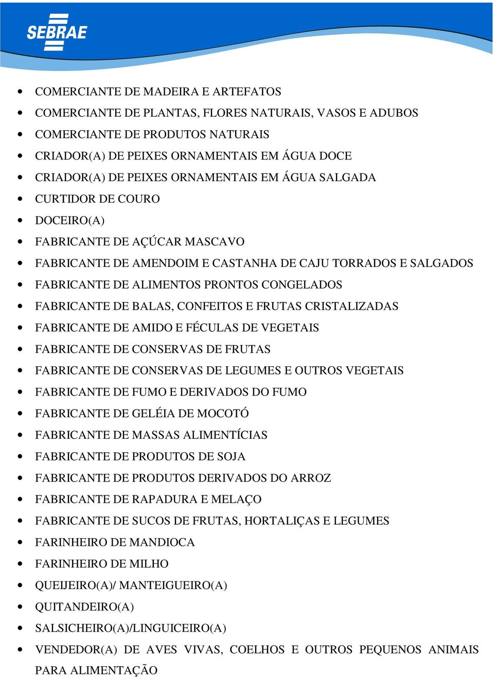 FABRICANTE DE BALAS, CONFEITOS E FRUTAS CRISTALIZADAS FABRICANTE DE AMIDO E FÉCULAS DE VEGETAIS FABRICANTE DE CONSERVAS DE FRUTAS FABRICANTE DE CONSERVAS DE LEGUMES E OUTROS VEGETAIS FABRICANTE DE