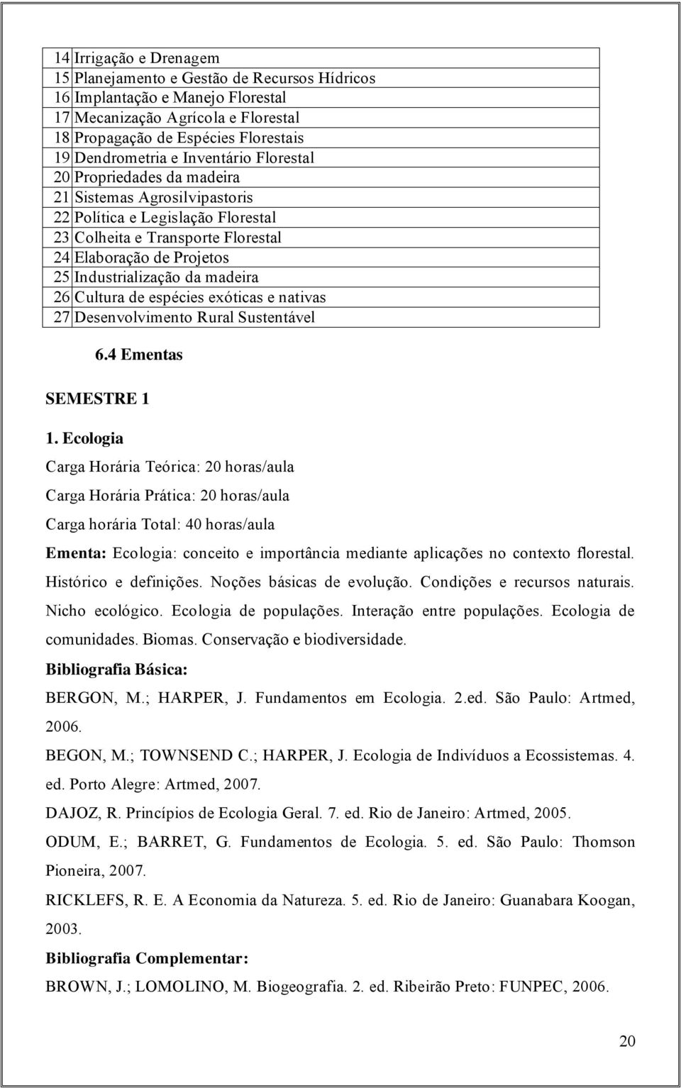 madeira 26 Cultura de espécies exóticas e nativas 27 Desenvolvimento Rural Sustentável Carga Horária Teórica: 20 horas/aula Carga Horária Prática: 20 horas/aula Carga horária Total: 40 horas/aula