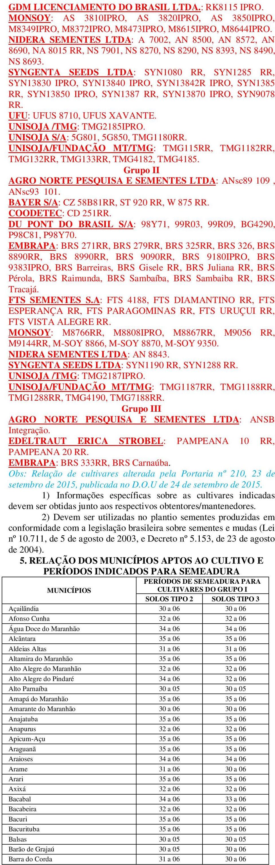 : RK85 IPRO. MONSOY: AS 38IPRO, AS 38IPRO, AS 3850IPRO, M8349IPRO, M8372IPRO, M8473IPRO, M8615IPRO, M8644IPRO. NIDERA SEMENTES LTDA: A 7002, AN 8500, AN 8572, AN NS 8693.