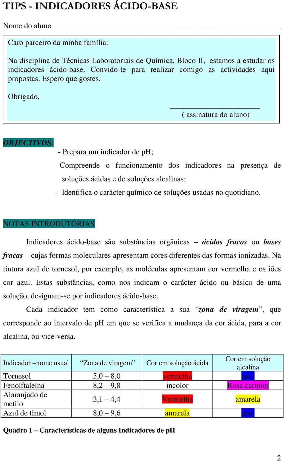 Obrigado, ( assinatura do aluno) OBJECTIVOS: - Prepara um indicador de ph; -Compreende o funcionamento dos indicadores na presença de soluções ácidas e de soluções alcalinas; - Identifica o carácter