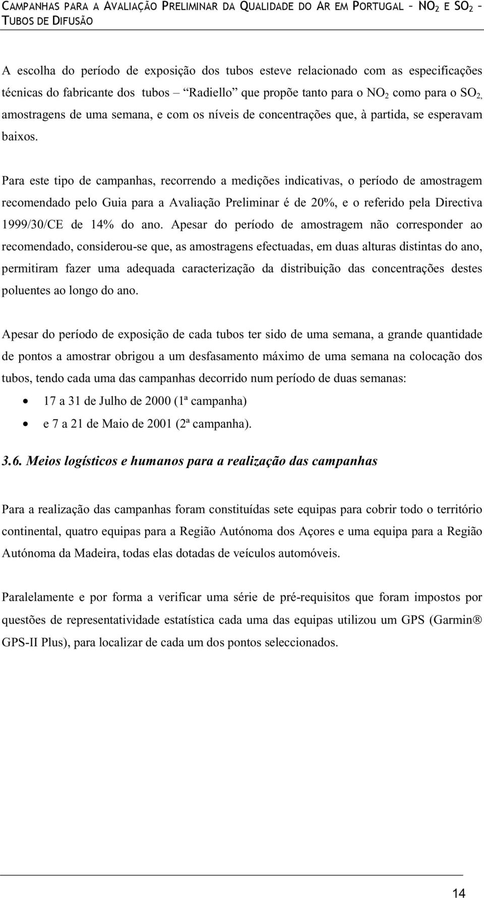 Para este tipo de campanhas, recorrendo a medições indicativas, o período de amostragem recomendado pelo Guia para a Avaliação Preliminar é de 20%, e o referido pela Directiva 1999/30/CE de 14% do