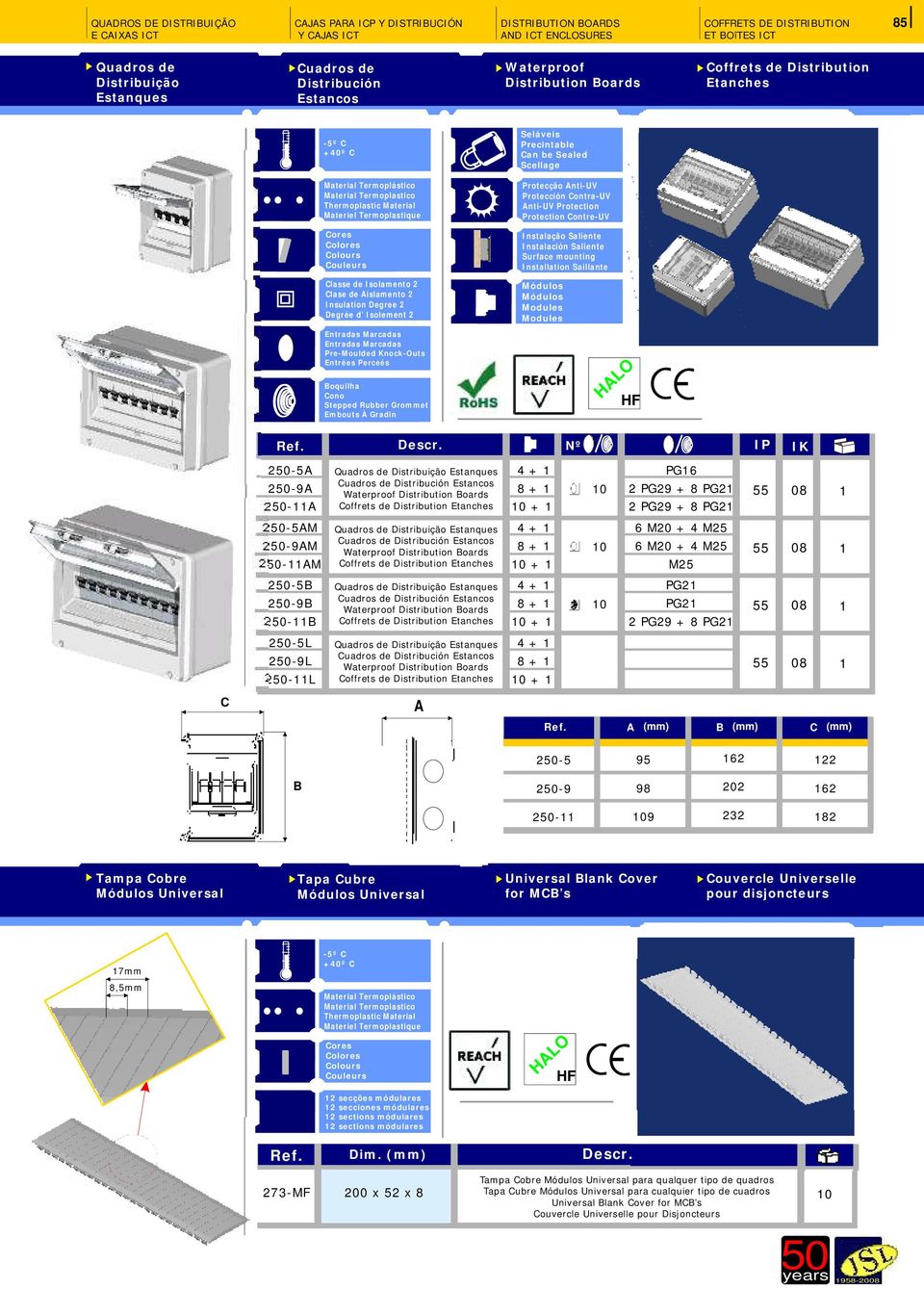 Aislamento Insulation Degree Degrée d Isolement Módulos Módulos Modules Modules Entradas Marcadas Entradas Marcadas Pre-Moulded Knock-Outs Entrées Perceés Boquilha ono Stepped Rubber Grommet Embouts