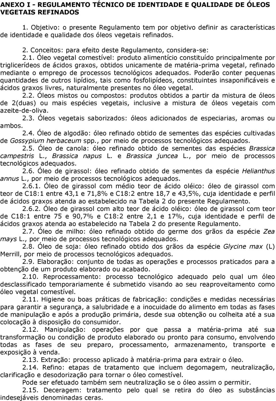 Óleo vegetal comestível: produto alimentício constituído principalmente por triglicerídeos de ácidos graxos, obtidos unicamente de matéria-prima vegetal, refinado mediante o emprego de processos